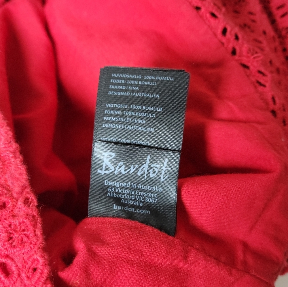 Bardot Red Eyelet Cotton Dress Off Shoulder Size 6/S - Picture 12 of 13
